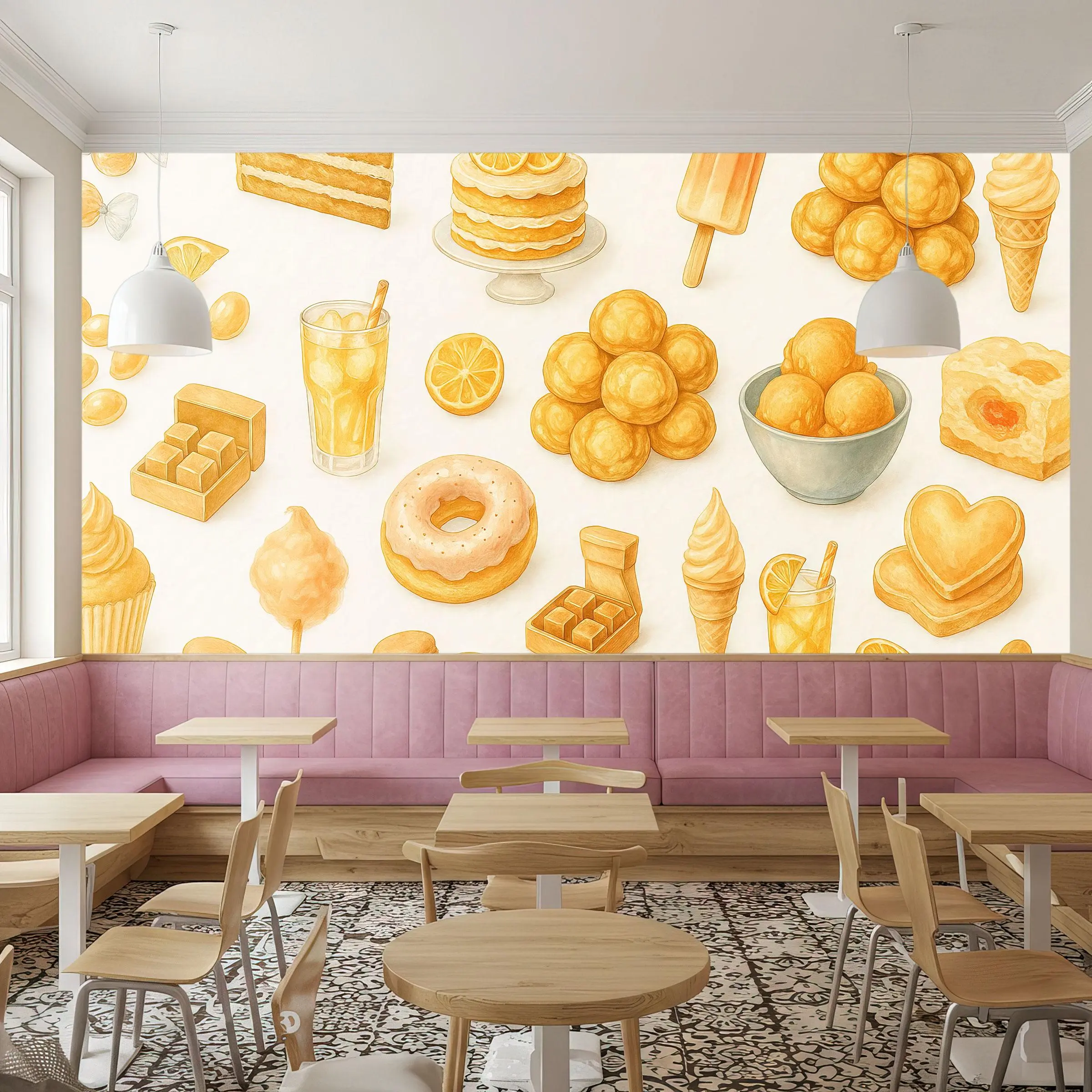 Orange Dessert Watercolor Wallpaper – Seamless Pattern of Macarons, Cupcakes, Cakes and Sweets for Bakery Kitchen Decor, Peel & Stick Mural