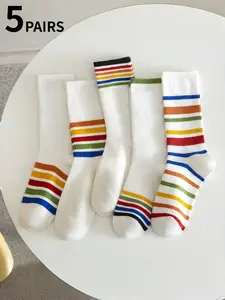 5 pairs/15 pairs of colorful striped mid-calf socks, rainbow mid-calf socks, Athletic Socks, suitable for daily sports and casual wear, suitable for all seasons, unisex mid-calf socks, Fitted