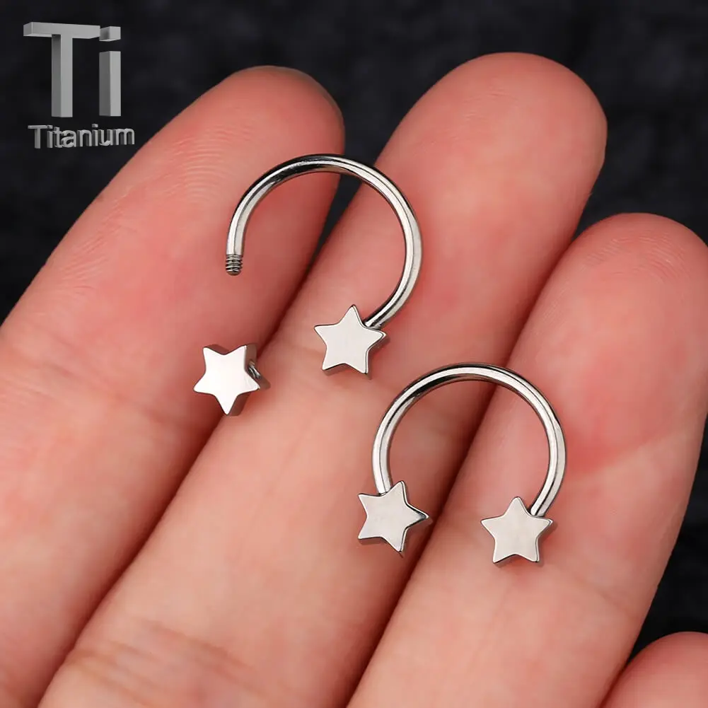 OUFER Body Jewelry 14G-16G Hypoallergenic Titanium Nose Hoop - 5-Star End Horseshoe, Unisex Rhinestone Septum Piercing Jewelry, Silver/Gold Daily Wear Fashion Accessory, Faux Septum Nose Ring, Titanium Nose Hoops