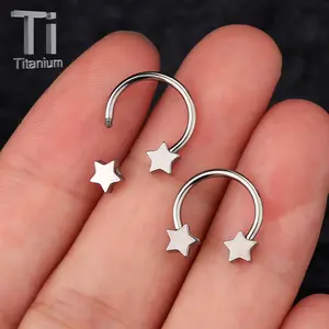 OUFER BODY JEWELRY 14G/16G Hypoallergenic Titanium Nose Ring - 5-Star Ends Horseshoe, Unisex Rhinestones Septum Piercing Jewelry, Daily Wear Fashion Accessory, Silver/Gold, Titanium Nose Hoops