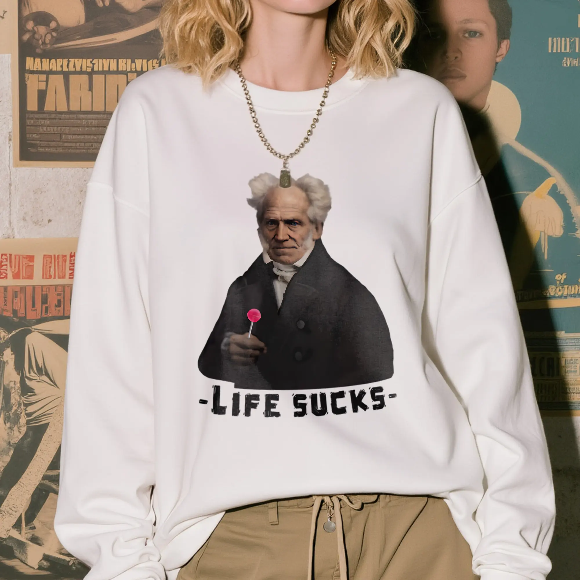 Women's Fitted Polyester Longsleeve Hoodless Hoodie - Casual Pullover, Round Neck, "Life Sucks" Graphic, Women's Tops, Longsleeves, Women's Clothes