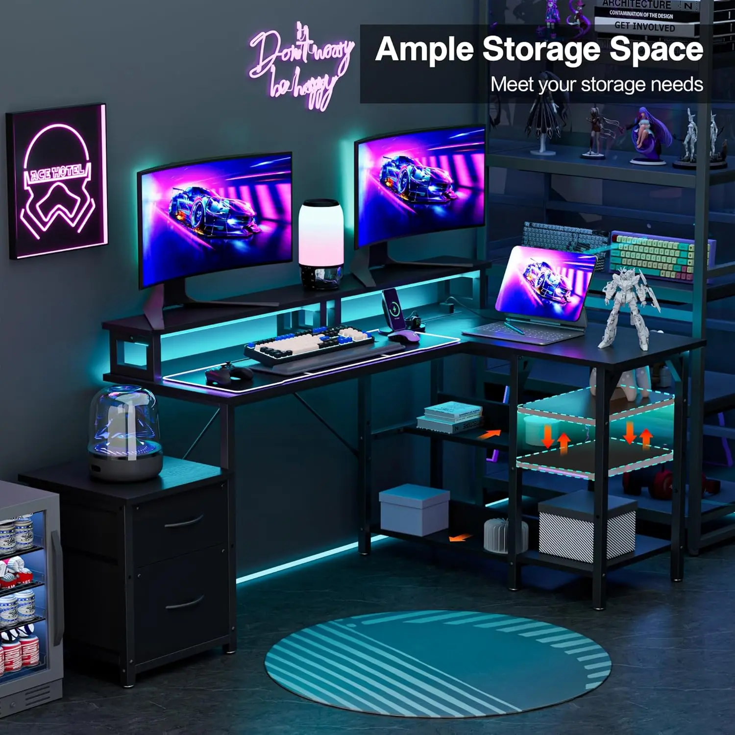 【Completely upgraded】68-Inch L-Shaped Desks for Gaming, Reversible Corner Office Desk with File Drawers, 2-Tier Storage Shelves, Power Outlets & LED Lights – Writing Study Workstation