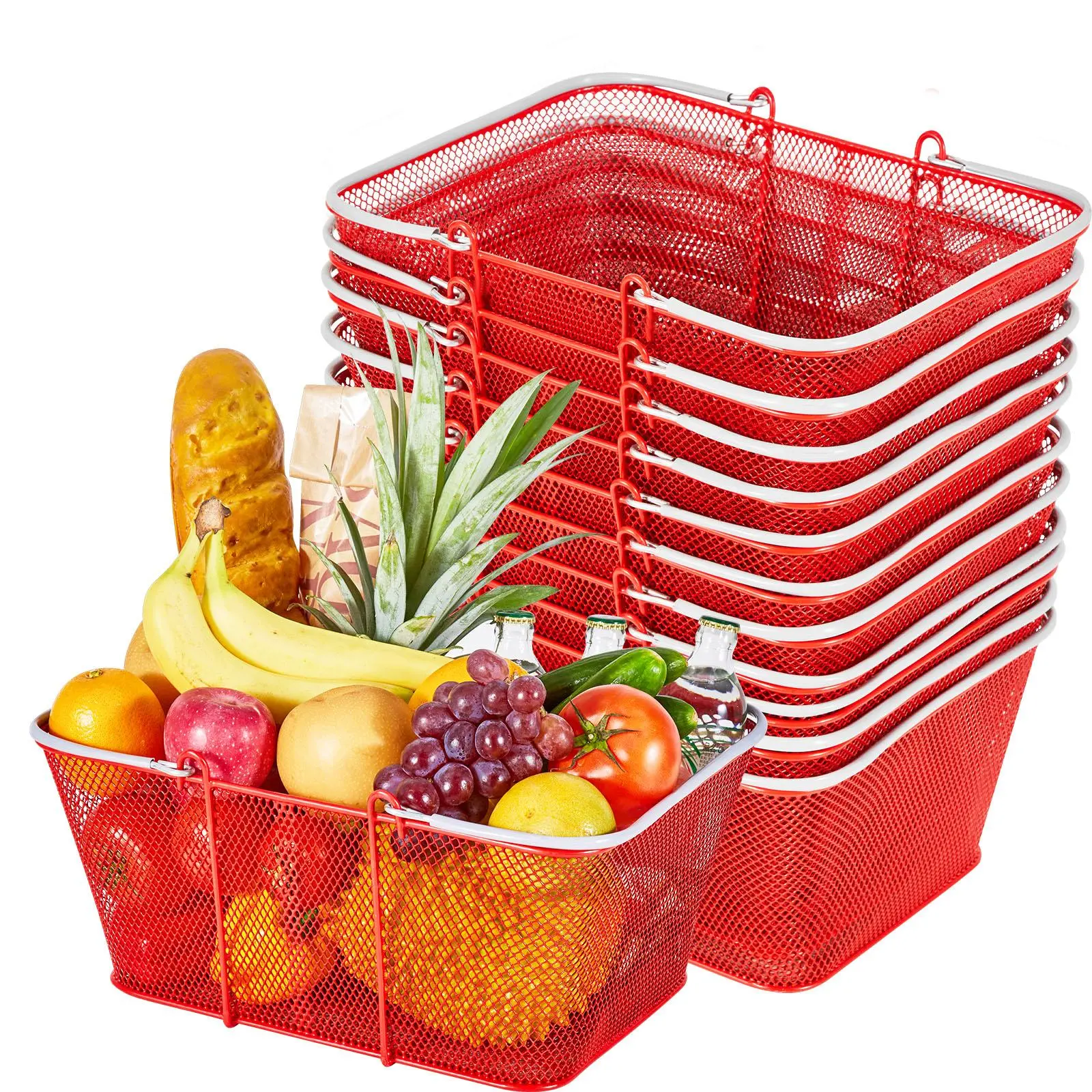 【SummerFinds】VEVOR Shopping Baskets, 12 PCS, 22L Stackable Metal Grocery Baskets with Handles, Dense Mesh Structure, Holds up to 44 lbs, Portable for Grocery, Retail, Stores, Supermarket, Bookstore, Home Use, Red