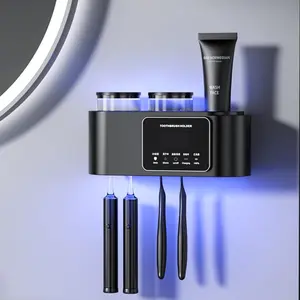 Smart Drying Electric Solar Charging Wall Mounted Storage Box with 2 and 4 Slots Toothbrush Holder Silicone Body Slot for Bathroom Home Goods Black Gift Dorm Light Rechargeable Clock