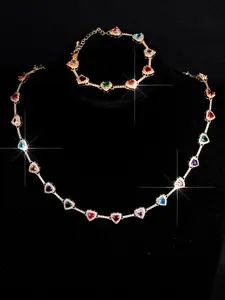Women's 18k Gold-Plated Zircon Heart Shape Design Necklace & Bracelet Set, Jewelry Sets, Elegant Copper Material Design, Perfect for Daily Wear, Stylish Accessory