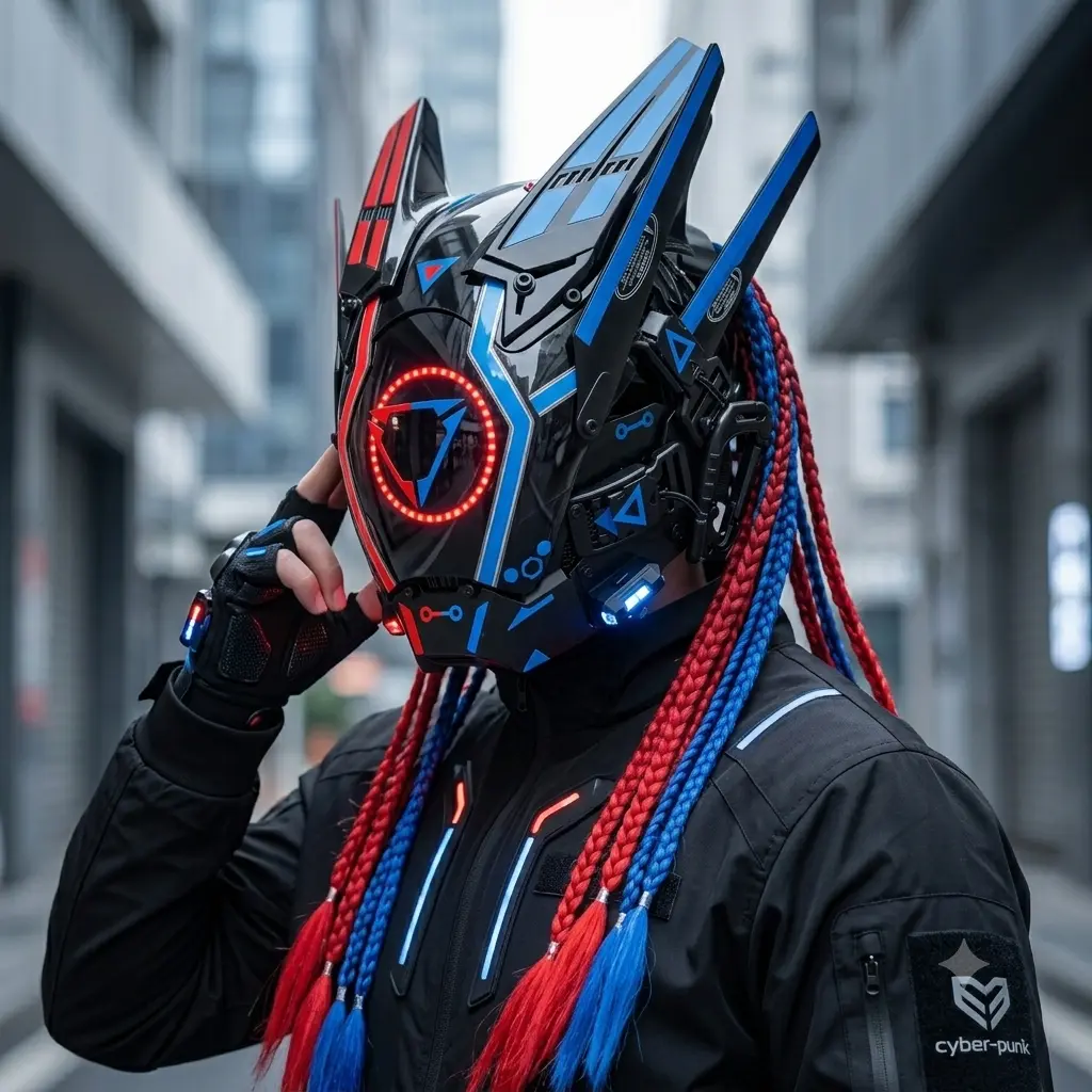 Cyberpunk LED Futuristic Helmet Mask with Red & Blue Braids, Mechanical Glowing Face Mask, Cool Techwear Cosplay Prop for Halloween Party Club Bar Photoshoot, Adjustable Light Up Full Face Mask Adult Costume Accessory, Trendy Viral TikTok Outfit Mask