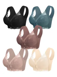 Women's Contrast Lace Bra, Comfy Breathable Underwear for Daily Wear, Elegant Lace Lingerie for All Seasons, Medium Support Backless Design