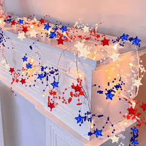 2 Pack 4th of July Decorations 250th Anniversary Red White and Blue Lights, Total 13Ft 40LED Beads Stars Patriotic Lights with Timer Battery Operated Fourth of July Garland for Home Bedroom Mantel Cool Mens Room Decor Independence Day Holiday Party Decors