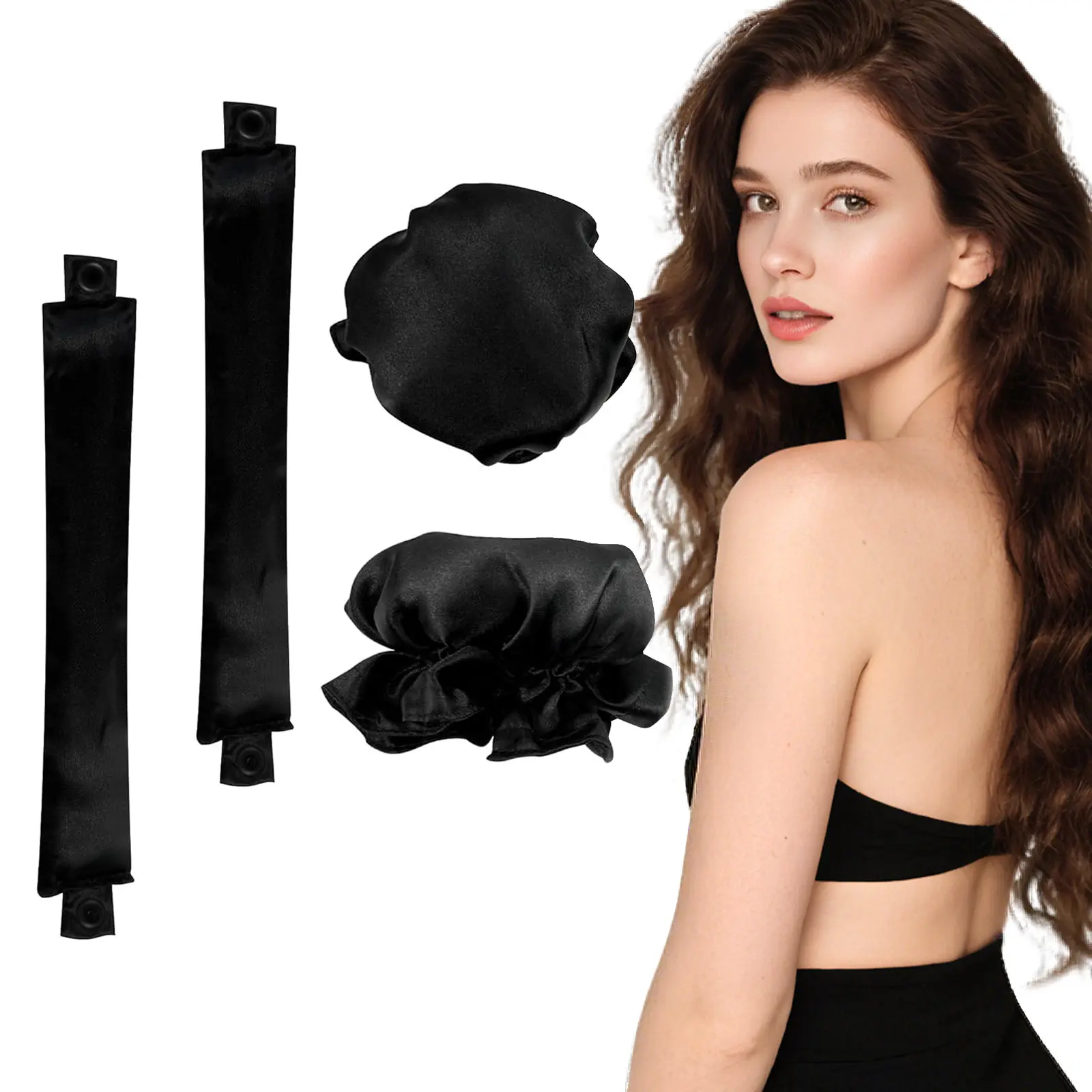 Heatless Curling Hair Styling Tool 4-Piece Set - Satin Headbands, Curling Wrap, Frizz-Free Curlers for Damage-Free Hair, Heatless Curls