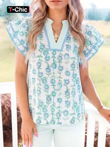 Summer Fashion Floral Print Striped Details Colorblock V Neck Patchwork Pleated Sleeve Top, Women's Casual Blouse Shirts Fit Womenswear
