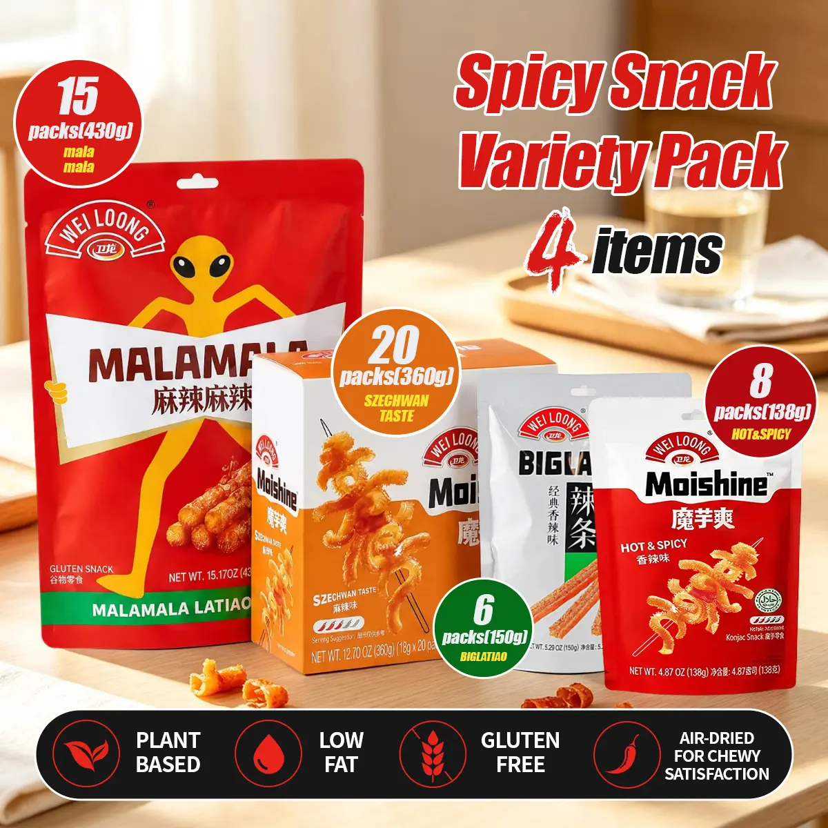 WEI LOONG Spicy Snack Variety Pack, 4 Items | Mala Latiao + Szechwan Konjac + Biglatiao + Hot & Spicy Moishine, Chewy Plant-Based Asian Snacks