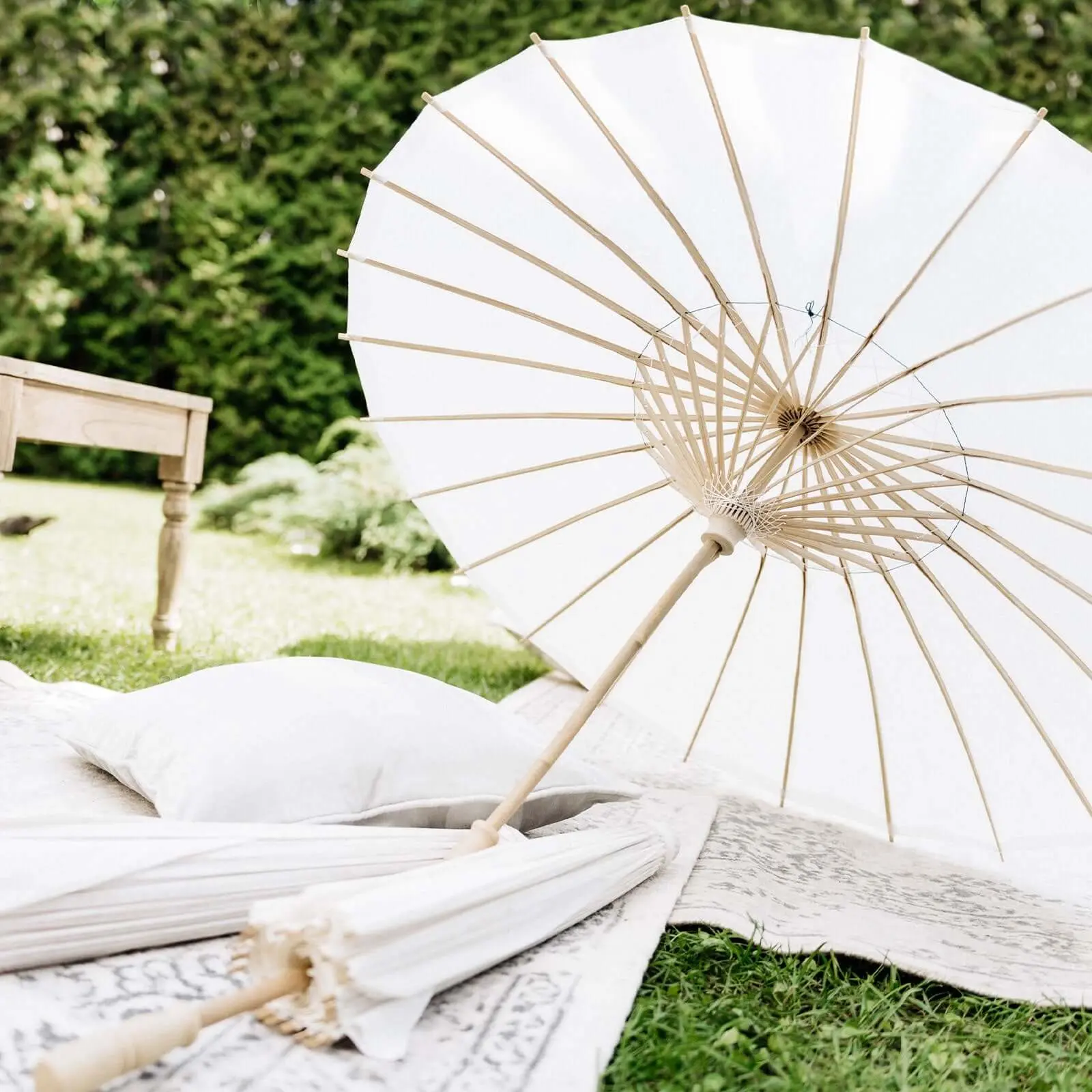 2-Pack 32 in Paper Parasols, Bamboo-Frame White Umbrellas - Home Decoration, Wedding Party Favors, Baby Shower Centerpieces, Two-Pack