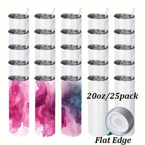 20oz Sublimation Skinny Tumbler - Flat Edge, 25pcs Bulk Straight Body Stainless Steel Insulated Cup with Plastic Lid & Straw, DIY Blanks for Small Business, Keeps Cold 12H, Sleek Portable Daily/Party Favor Drinkware