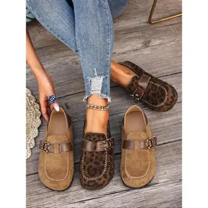 Women's Leopard Print Suede Mule Slippers, Metal Buckle Thick Sole, Retro Casual Half Slipper, Comfortable All Season Shoes Slip On Mules Footwear