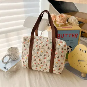 Women's Floral Quilted Shoulder Bag Large Capacity Cotton Linen Tote Cartoon Japanese Style Spacious for Laptop & Essentials Beige Pink Bear Colors