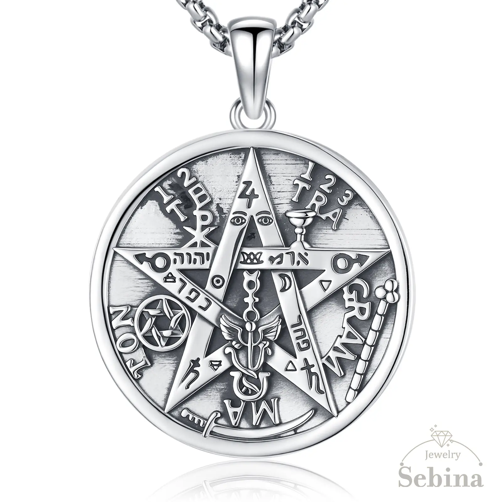 Sebina Tetragrammaton Necklace Tetragrammaton De Plata  Pentagram Pentacle Pendant Silver Jewelry Witchcraft Wiccan Pagan Jewelry Amulet Necklace Gifts for Her Him Men Women 157