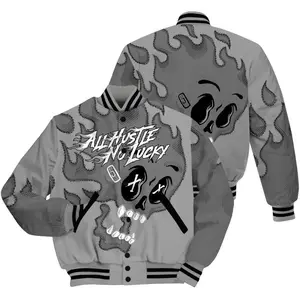 Varsity Jacket To Match White Thunder 4s Shirt, All Hustle No Lucky Skull All Over Print Full color, Gift for Him, Gift For Her, Gift for lovers