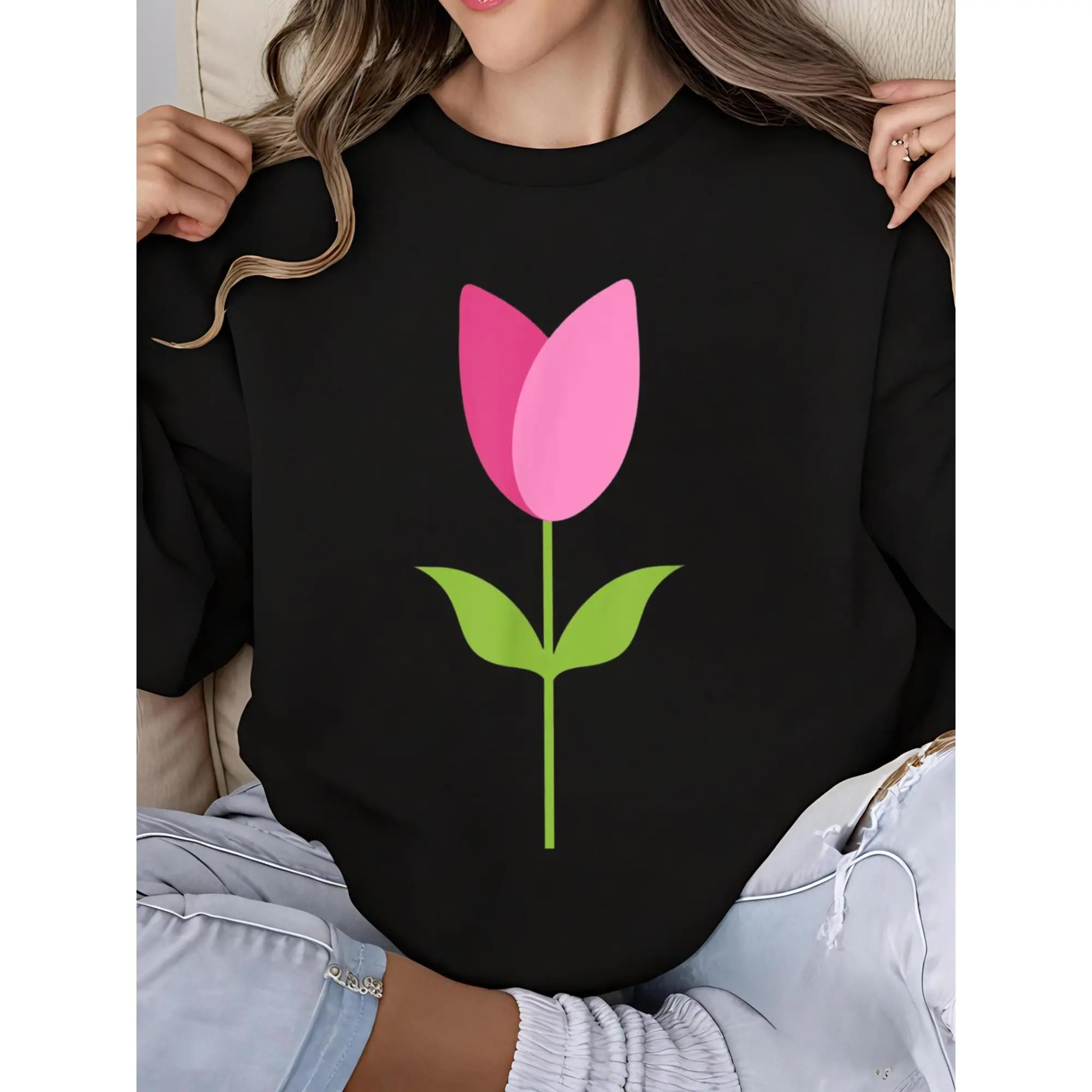 Women's Fitted Tulip-Print Spring Round Neck Long-Sleeve Sweatshirt, Casual Soft Loungewear, Trendy Streetwear Top, Longsleeves, Party, Polyester, Work, Thanksgiving