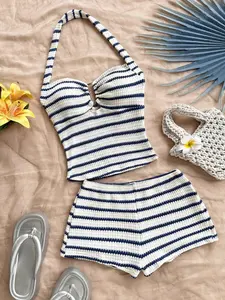 Women's Vacation Striped Tank Top and Shorts Set, Casual Matching Set, Casual Two-Piece, Comfortable and Stylish, Perfect for Relaxing Days
