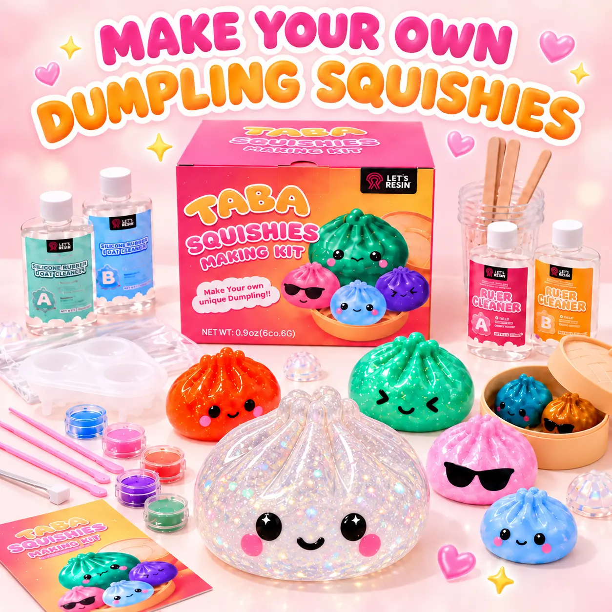 Dumpling Taba Squishy Kit, LET'S RESIN DIY Silicone Squishy Making All-in-One Kit for Kawaii Food Fidget Toys, Mix & Pour Craft Set for Beginners, Soft Sensory Squeeze Toy, Screen-Free Activity and Birthday Gift for Teens & Adults