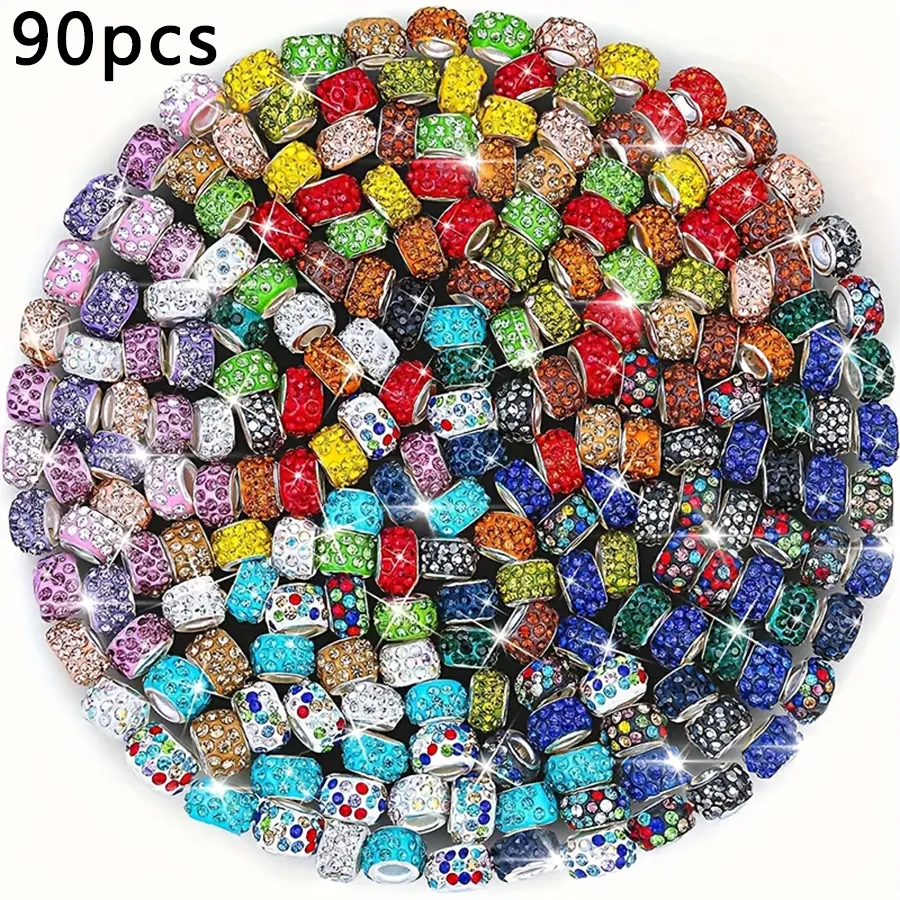 90 large-hole pearl beads - randomly mixed with colored bands and shiny rhinestone effect