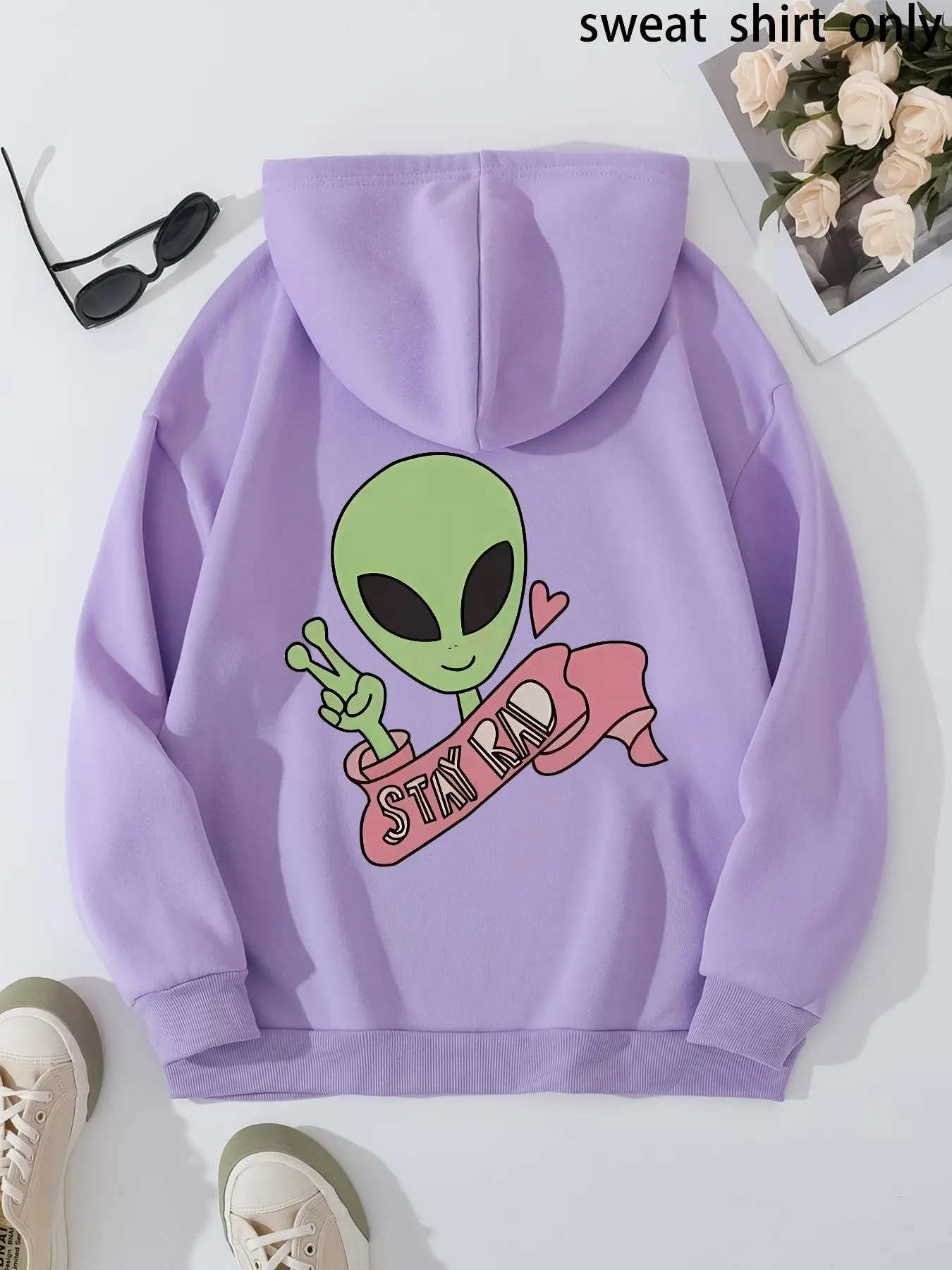 【Plus Size】 Cartoon Alien & Letter Print Hoodie, Fashion Casual Hooded Sweatshirt for Daily Holiday Outdoor Wear, Women Clothing for Fall & Winter