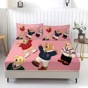 3-Piece Trendy Teddy Bear Patterned Bed Sheet, Soft And Durable Bedding Set Including 1 Bed Sheet And 2 Pillowcases, Suitable For Daily Holiday, Birthday, Gift, Bedroom Decoration For Children And Adults