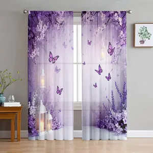 2D Flat 2Pcs purple butterfly flower print curtains, elegant pole hung semi blackout window drapes, romantic lavender pattern transparent, living room bedroom home decorative, privacy protection, decor, light filtering, st, Home Decoration Curtain
