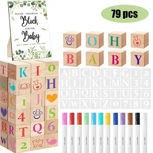 79 Pcs BabyShower Blocks Games Sets, Party Gift Set, Including 30 DIY Blank Wooden Block 36 Stencils 12 Marker 1 Decorate a Block Game Sign for Gender Reveal BabyShower Party Decoration Supplies Party Event Props