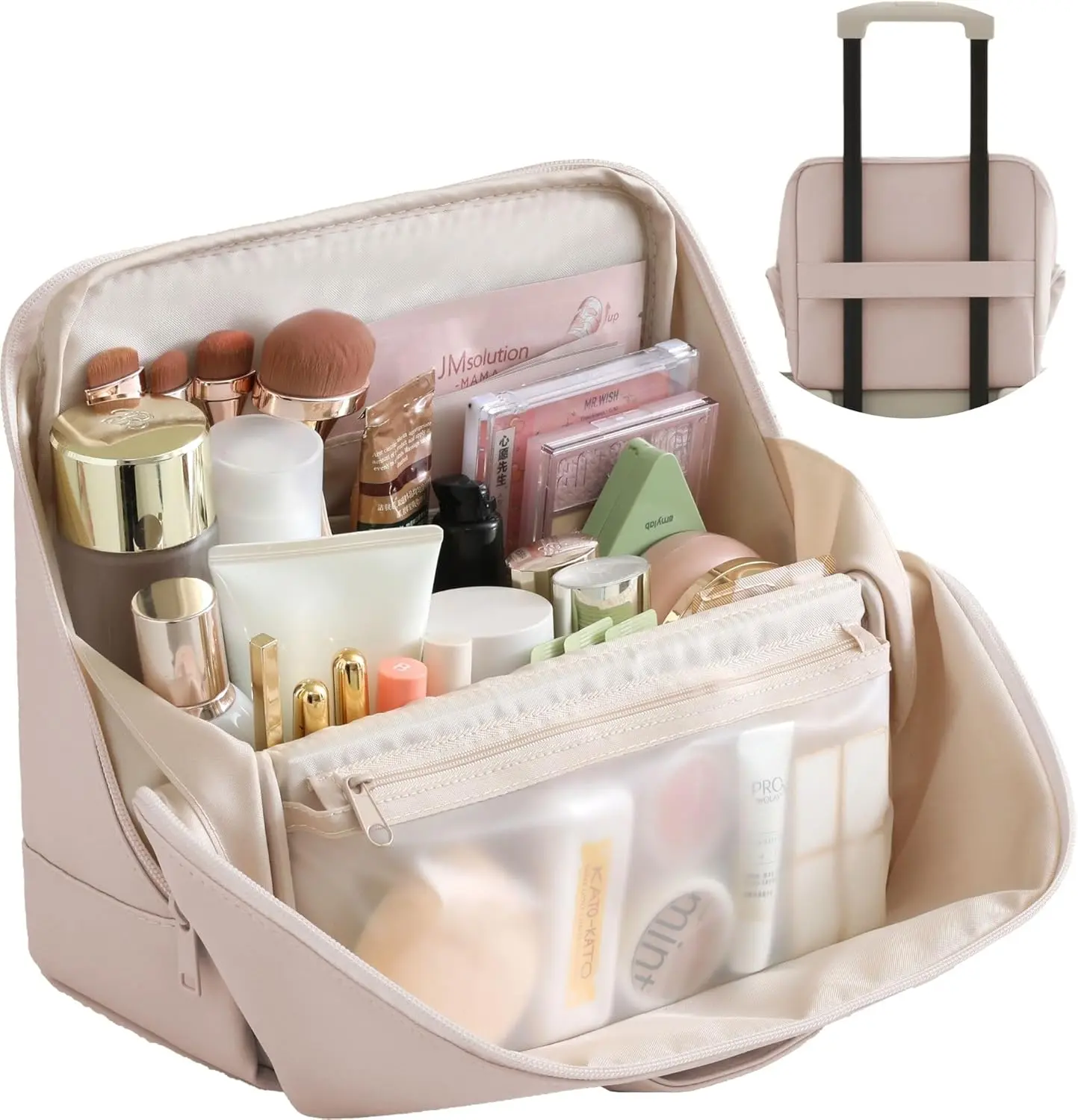 Clean Girl Travel Makeup Bag with Luggage Strap, Minimalist Vanity Organizer Case, Waterproof Leather Cosmetic and Toiletry Organizer