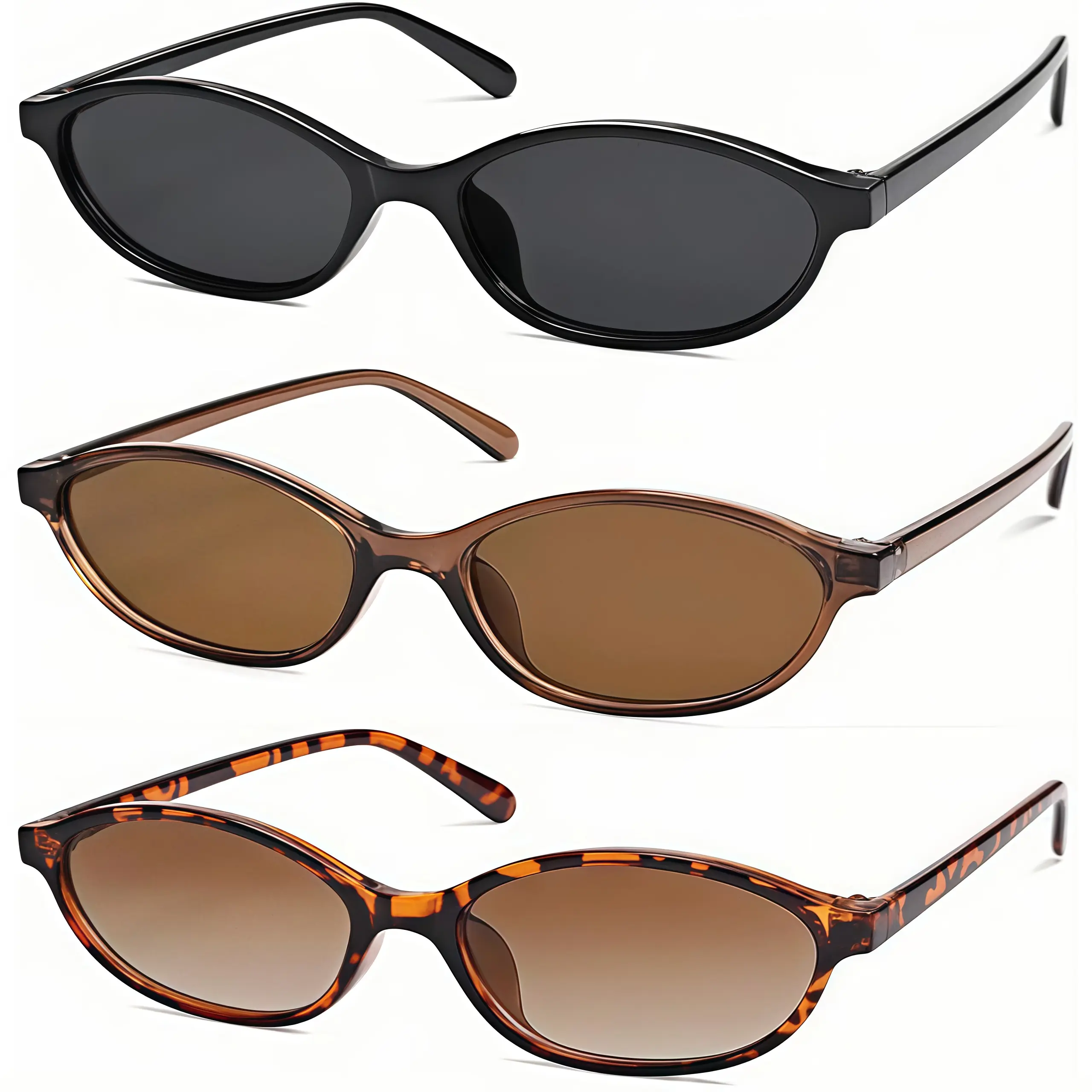 EUNOIALENS Women's 3-Piece Oval Shape Sunglasses for Women - Slim Trendy Frames, 90's Chic Full Rim, Lightweight PC UV Protection, Vintage Charm Everyday Casual Eyewear