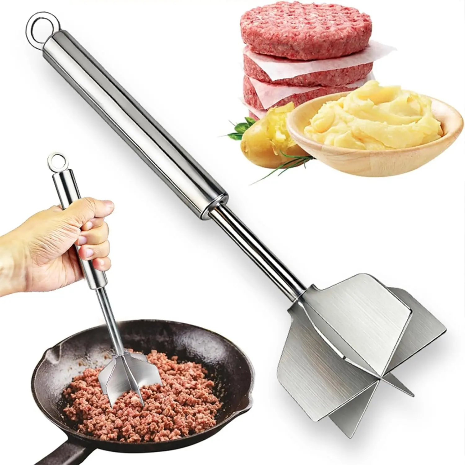 11-Inch 6-Blade Rustproof Stainless Steel Meat Masher - Smooth, Food-Grade Solid Blades, Durable Ergonomic Kitchen Utensil, Compact Storage, Dishwasher-Safe Chopping Tool for Potato Puree, Ideal for Home Cooks’ Daily Cooking & Home Meal Prep
