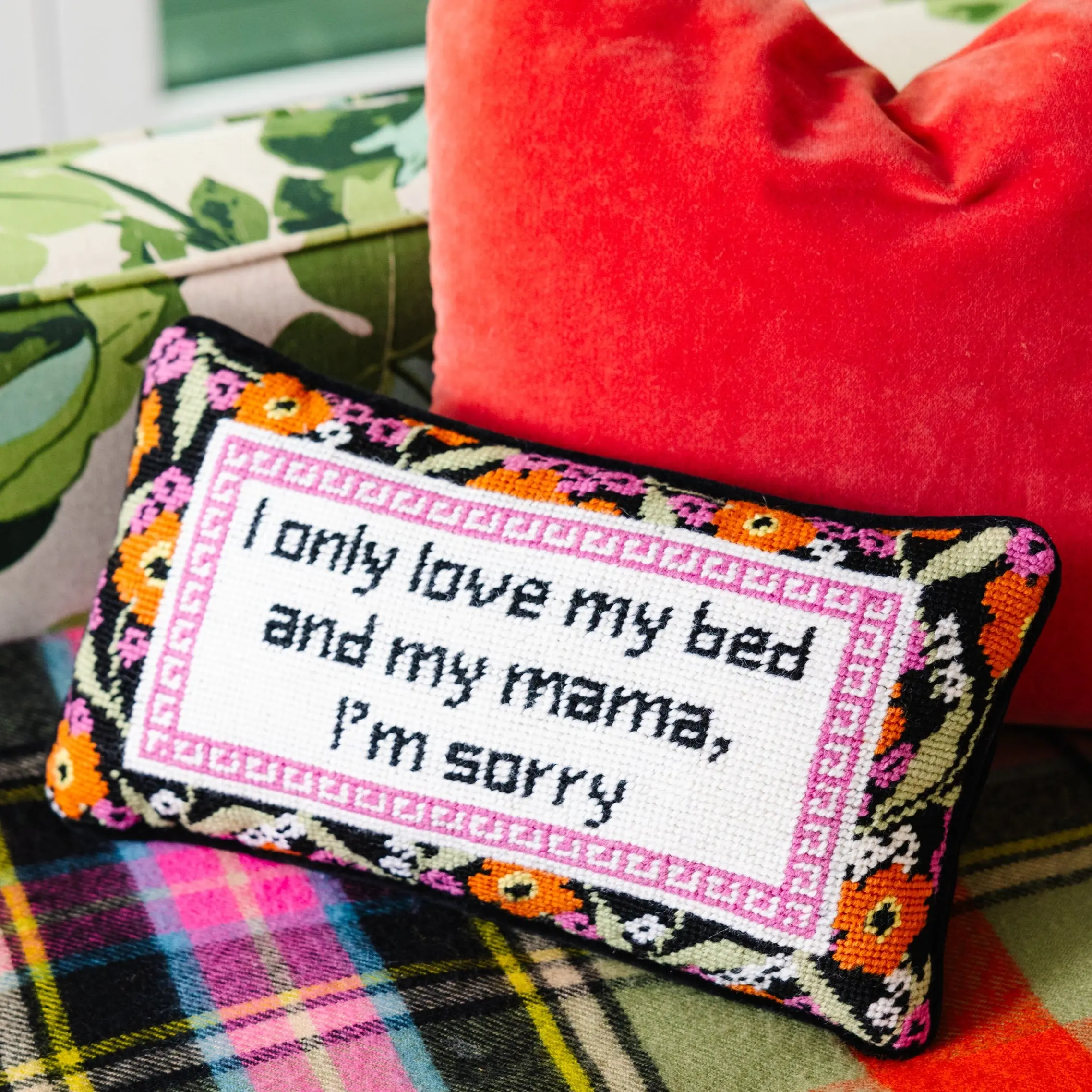 Small-Size Velvet Needlepoint Embroidery Pillow - Southern Craft Decor, Vibrant Playful Quote, Dopamine Home Accent for Bedside Use