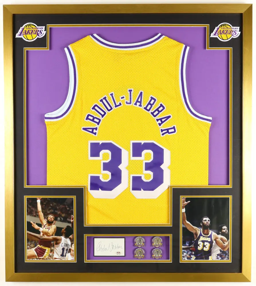 Kareem Abdul-Jabbar Signed Lakers Custom Framed Cut Display with (4) Lakers Championship Pins