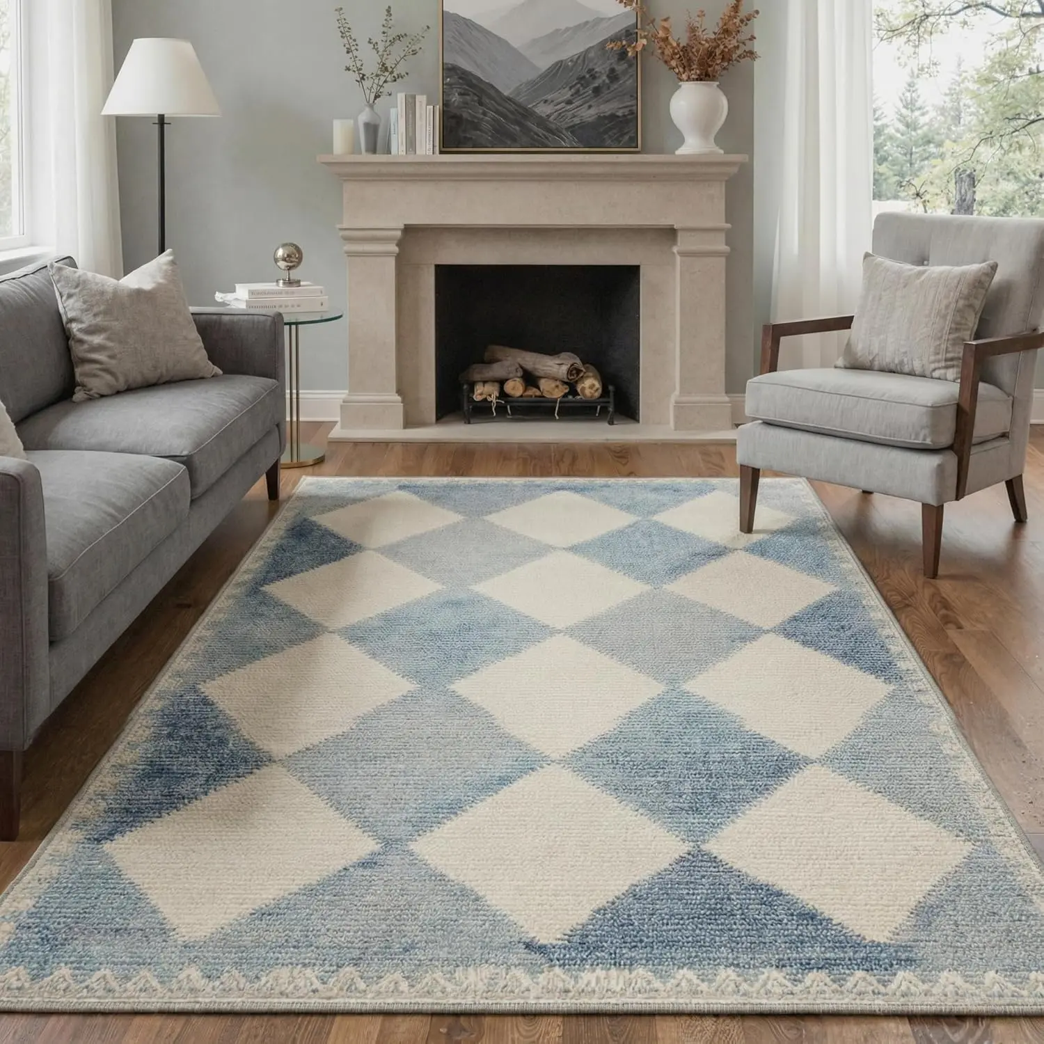 【Back To School】GENIMO Washable Rugs for Living Room Non Slip Low Pile Area Rugs, Lightweight Machine Washable Rug with Diamond Print Pattern for Bedroom Dining Room Home Office, Sky Blue