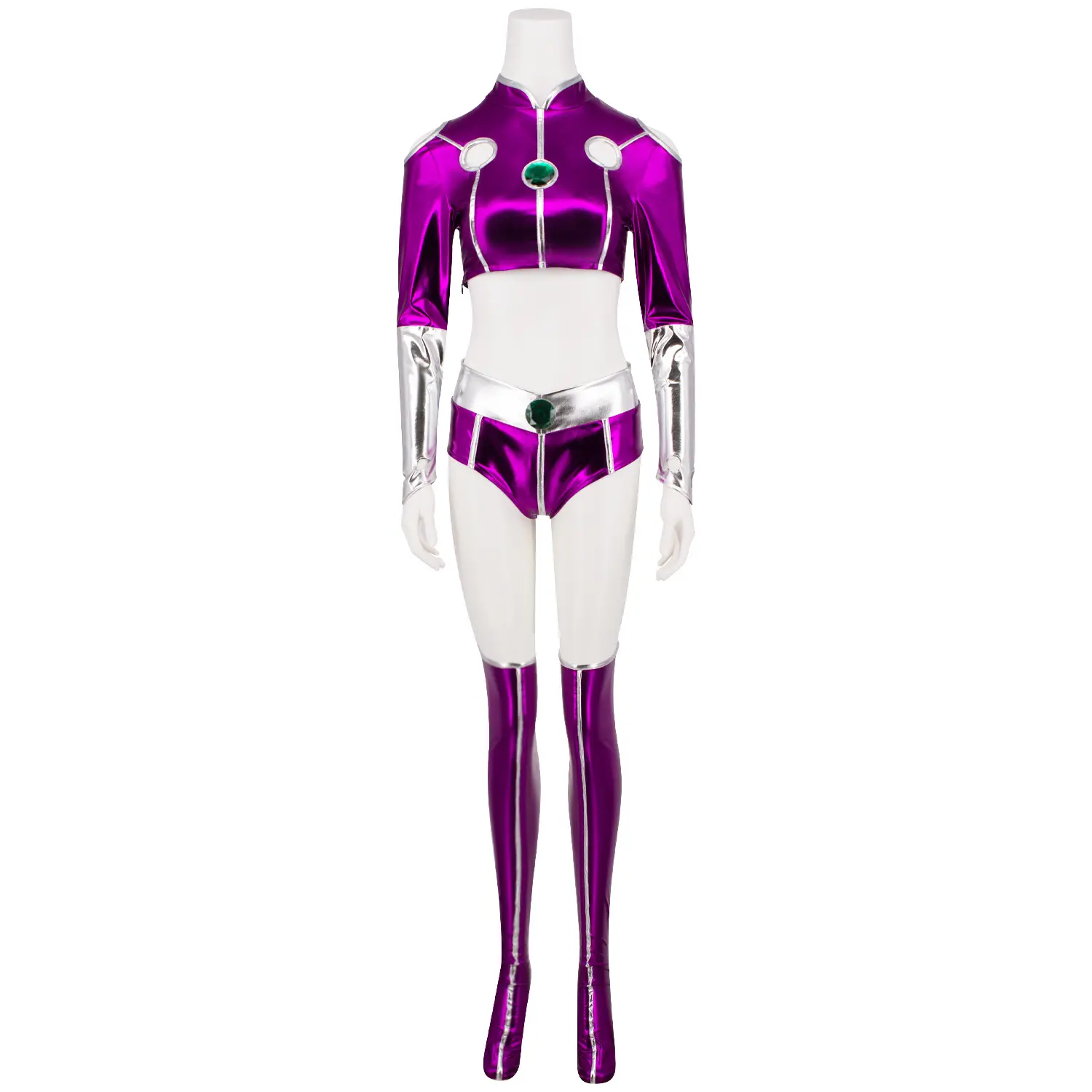 Women‘s Starfire Zentai Costume Purple PU Leather Crop Top Leggings Set for Halloween