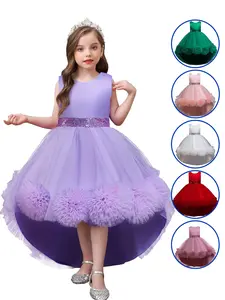 Girl's Contrast Sequin Big Bow Decor Appliques High Low Tulle Dress, Elegant Contrast Lace Sleeveless Fit & Flare Dress for Party Performance Show, Kids Clothes for All Seasons