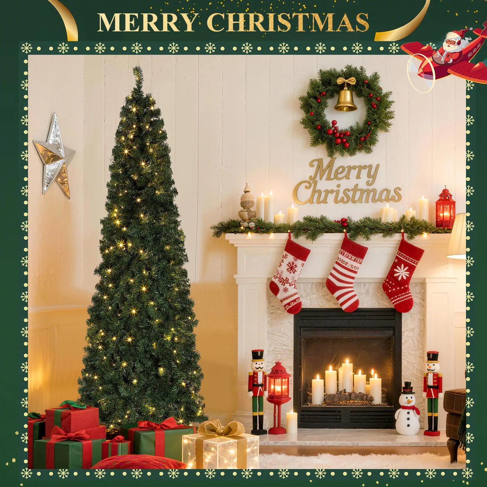 Okicoler Pre-lit Kingswood Fir Slim  Artificial Hinged Christmas Tree Skinny Corner Xmas Tree with 350 Incandescent Warm White Lights Prelighted Xmas Tree with Foldable Stand, Green