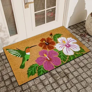 1 pc Spring Flowers and Birds Printed Front Door Mat Flax Surface Diatomaceous Earth Non-Slip Water-Absorbing Entrance Door Mat Indoor Outdoor Printed Holiday Home Decor Flower Pattern Rugs