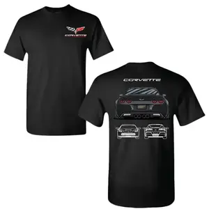Corvette C6 Rear View T-Shirt – 2 Sides Graphic Tee with Full Back Black Corvette Design and Classic Line Art Front, Street Muscle Car Shirt, Trendy Streetwear & Vacation Summer Outfits for Men & Women