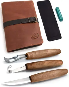 Spoon Carving Tools Kit S14x Deluxe - Whittling Tools Set Includes Sloyd  Carving , Hook , Gouge, Leather Roll-Up Case & Leather strop with Polishing Compound