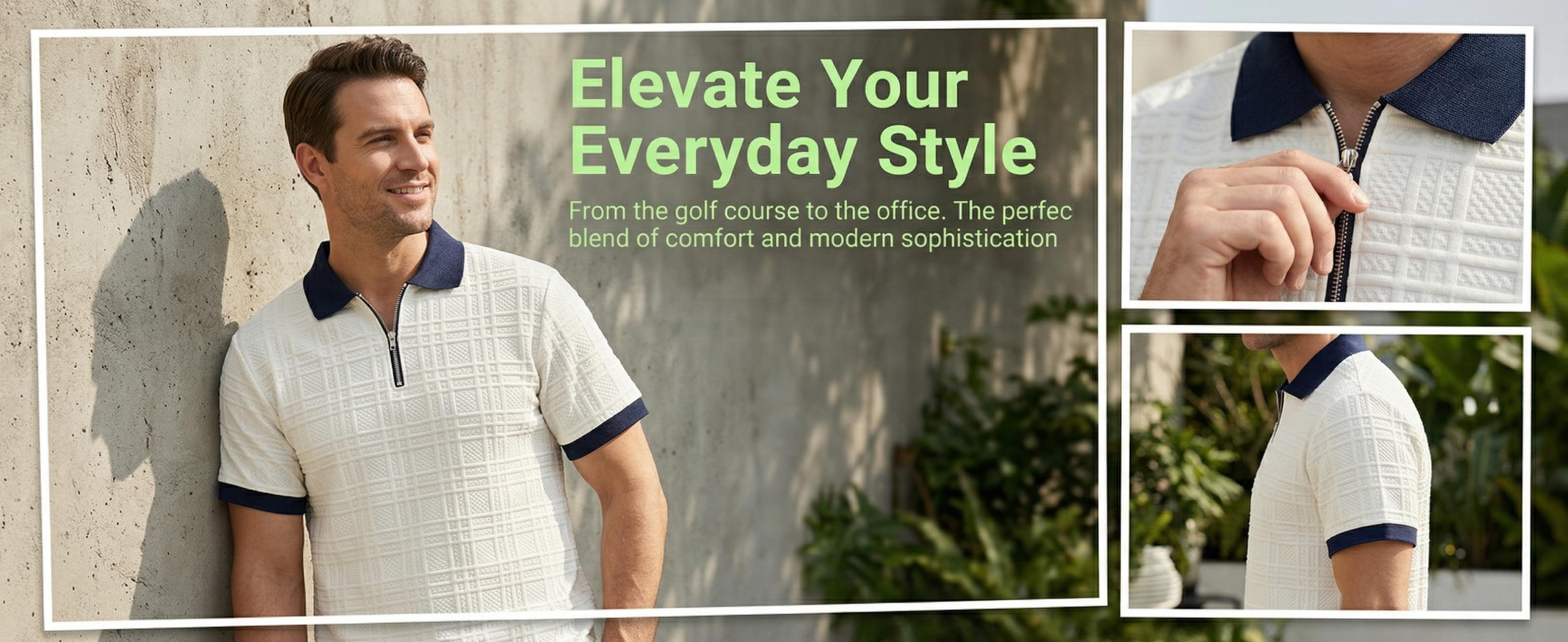 Mens Textured Half Zip Polo Shirt, Breathable Short Sleeve Golf Casual Tee for Men