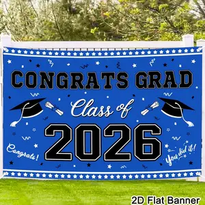 2D Flat Banner, Graduation Banner 2026, Blue White Class of 2026 Graduation Photo Backdrop, Congrats Grad Banners, Graduation Wall Decorations Photography Background, 2026 Graduation Party Decorations, 2D Flat