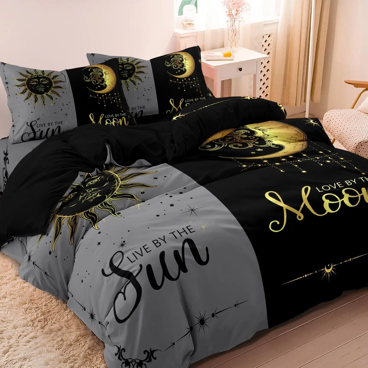 Moon & Sun Print Bedding Set, 3 Counts/set Including 1 Duvet Cover & 2 Pillowcase without Filler, Soft Comfortable Printed Bedding Set for Home Bedroom, Comfy Bed Sets