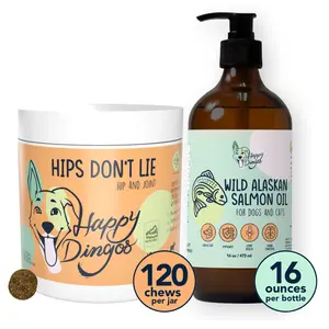 Happy Dingos Hips Don't Quit Bundle – Hip & Joint Chews + Salmon Oil for Dog Mobility & Joint Support