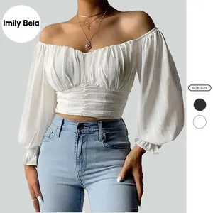 Imily Bela Womens Elegant Off The Shoulder Puff Sleeve Blouse Summer Chiffon Slim Fit Party Crop Top