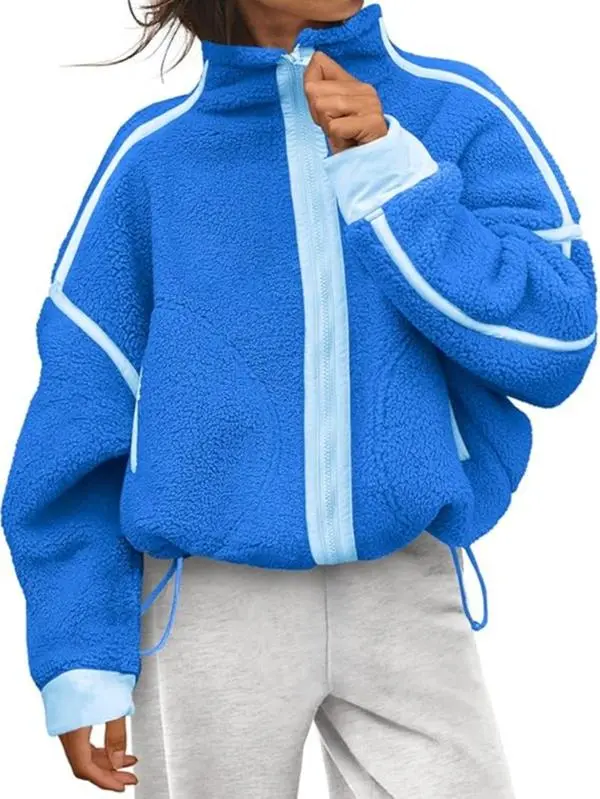 Mibbory Women's High Neck Cropped Fuzzy Zip-Up Sherpa Fleece Jacket, Casual Winter Outerwear with Pockets, Machine Washable