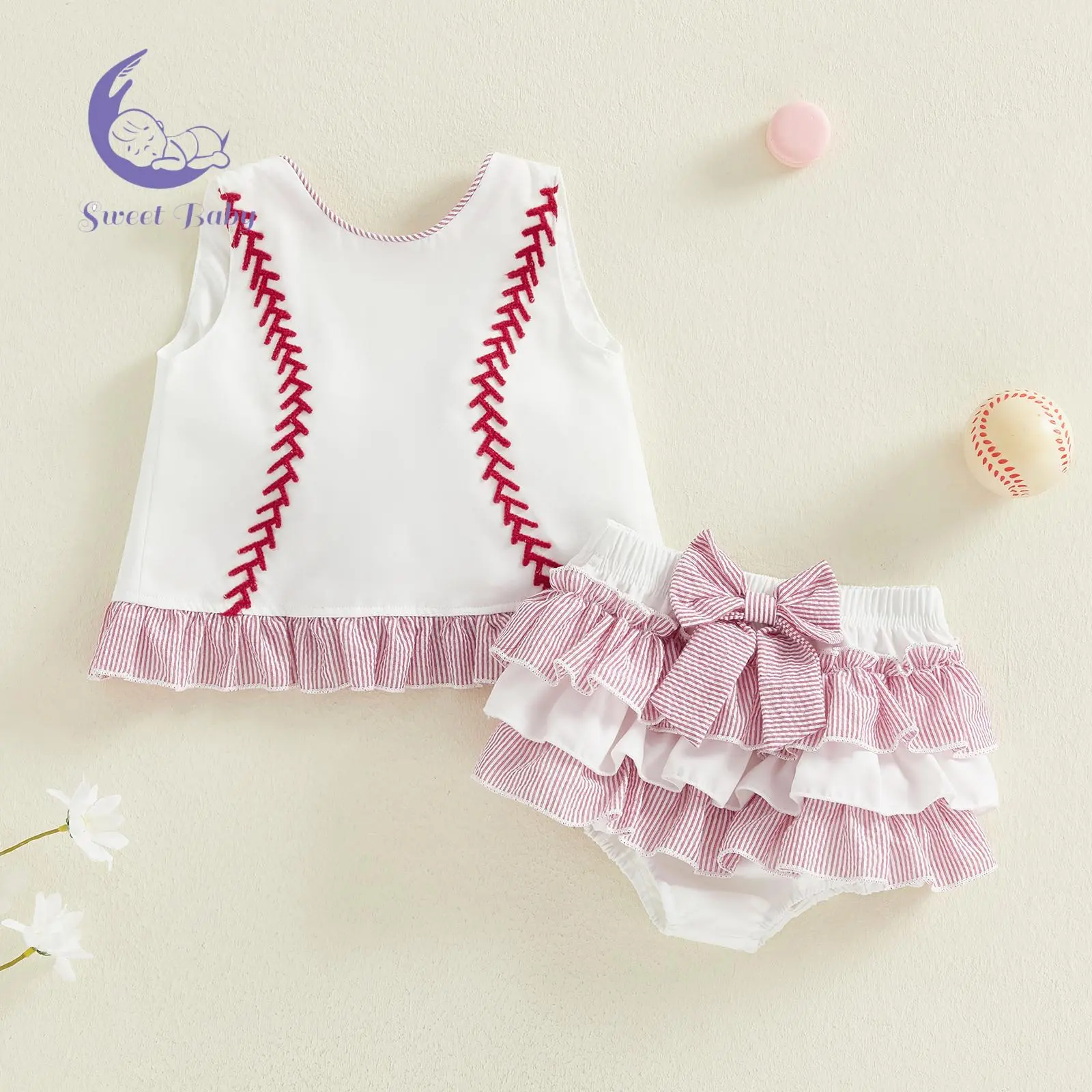 Baby Girls' 2-Piece Baseball Gift Sets, Fashionable Ruffle Embroidery Tank Tops with Shorts