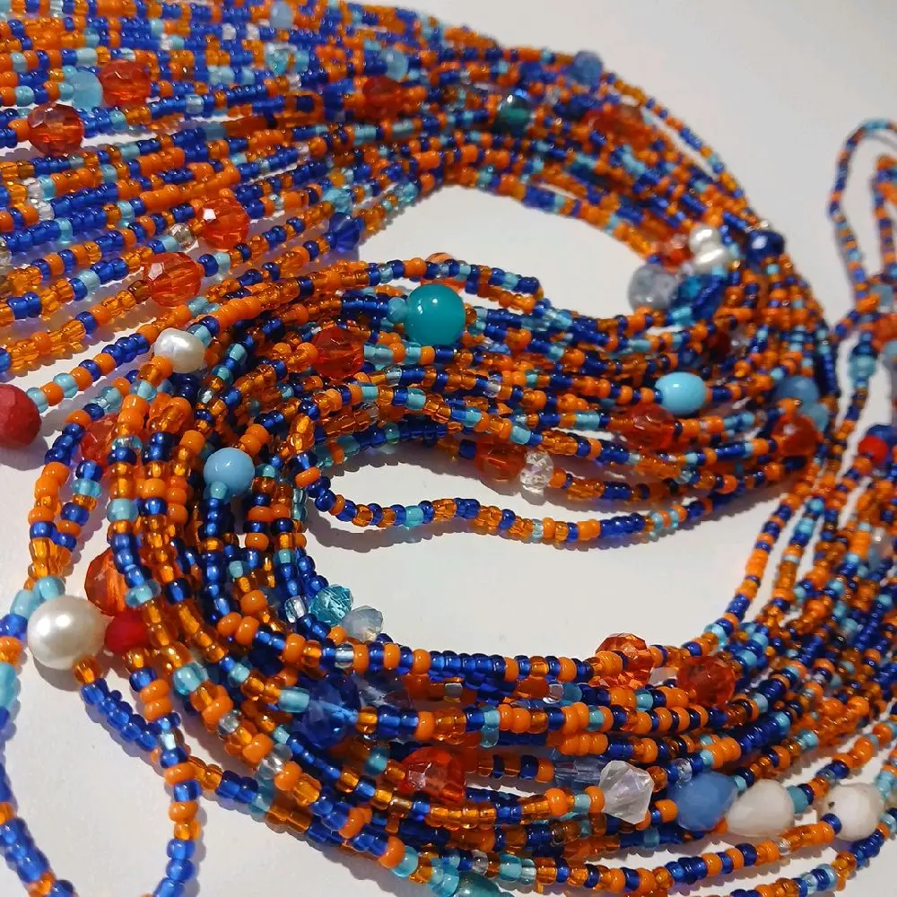 Sunset Azure Beaded Necklace - Vibrant Orange & Blue Beads with Pearl Accents - Handcrafted Jewelry for Women