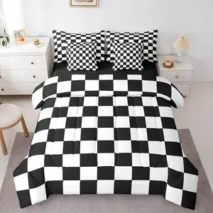 Feelyou 7-Piece Checkered Pattern Retro Style Microfiber Bedding Set - Black White Plaid Comforter Set with Sheets, Vintage Geometric Bed-in-A-Bag for Teens